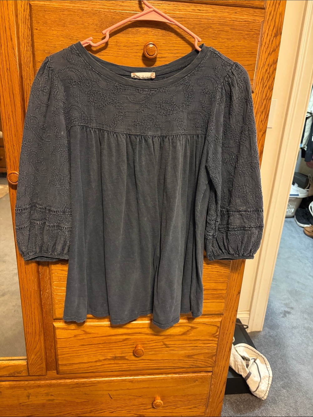 Womens Navy Embroidered Peasant Top